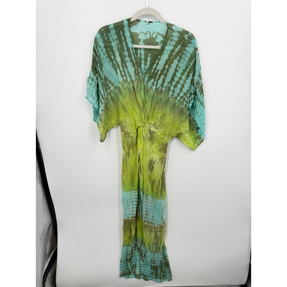Young Fabulous & Broke siren Tie Dye Maxi Dress Sz S Green Blue Twist Front Boho